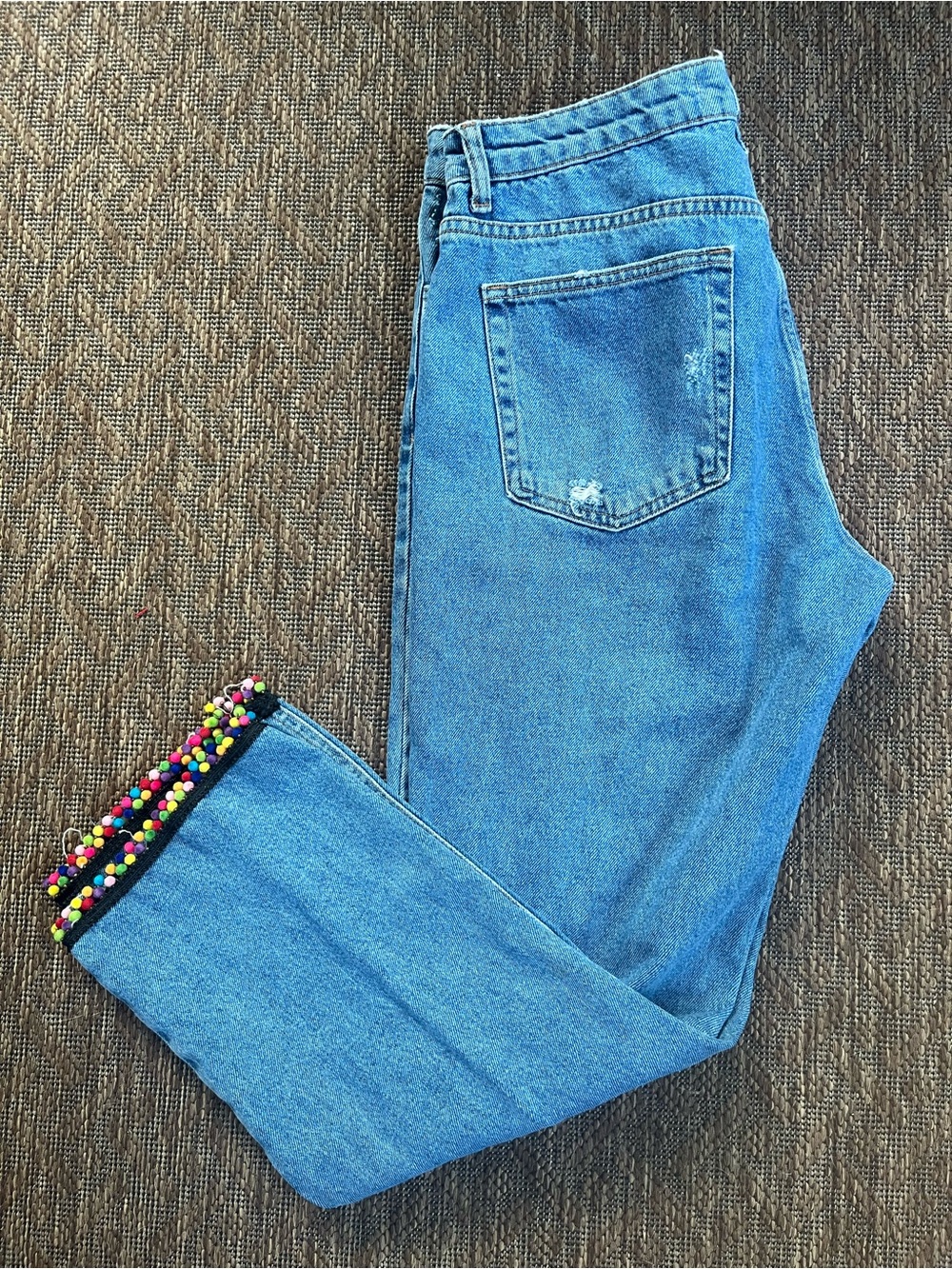 Denim Co Light Blue Distressed Ankle Jeans with Pom Pom Trim